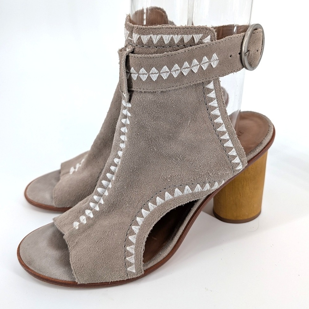 Anthropologie Bernardo Harper Suede Peep Toe Block Heel Sandals‎ Taupe 11M
